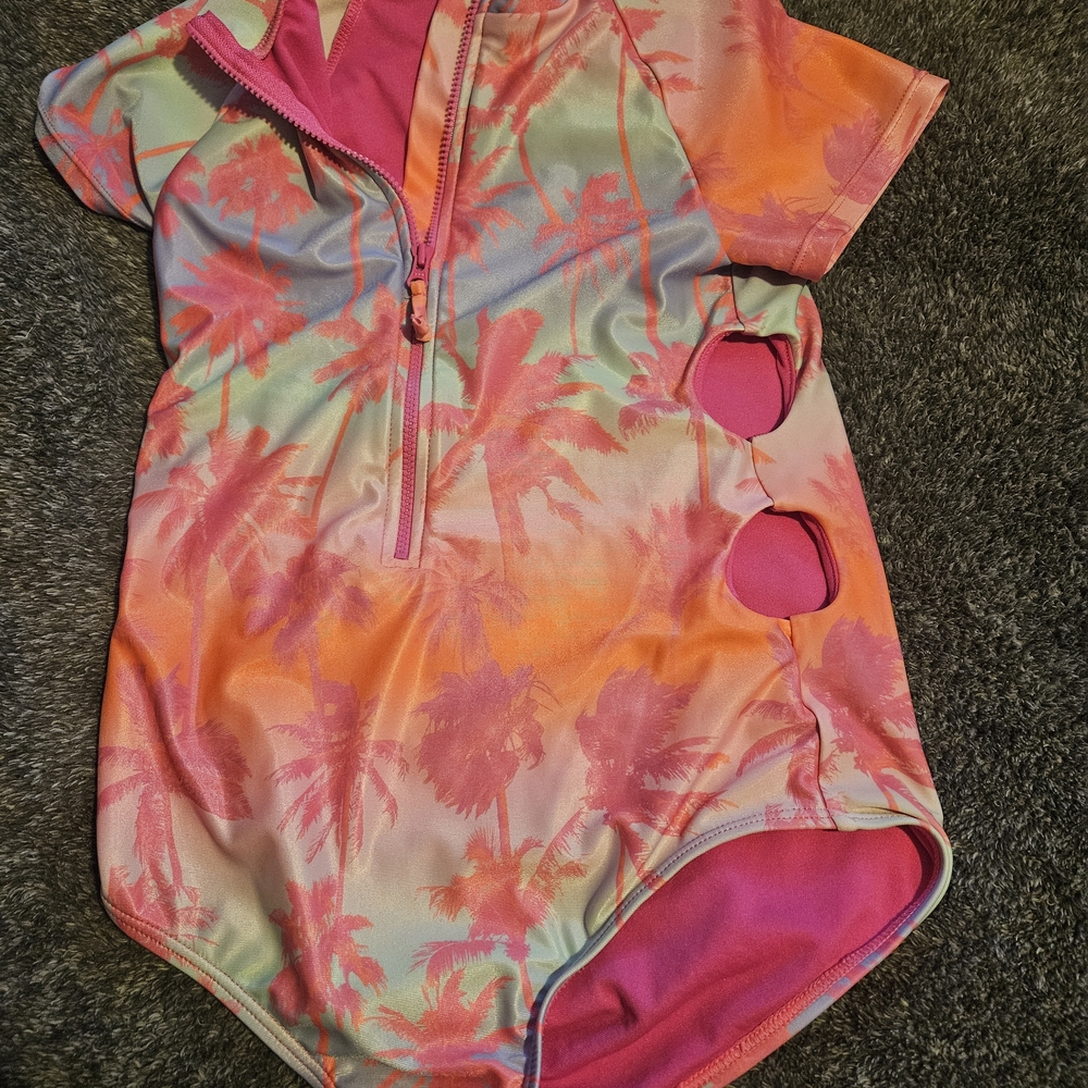 Vibrant Palm Print Kids Swim One Piece